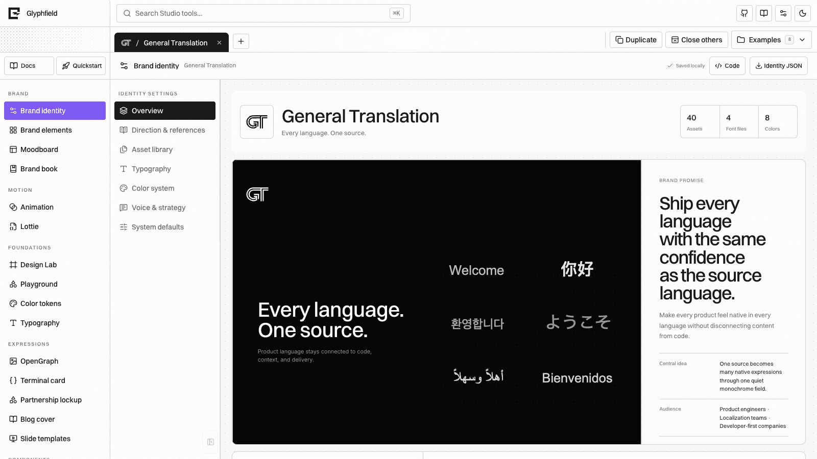 The General Translation identity system in Glyphfield Studio