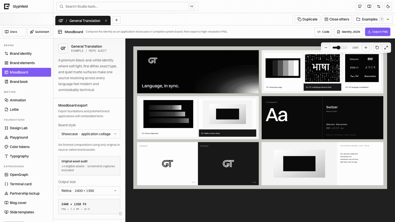 The General Translation moodboard in Glyphfield Studio